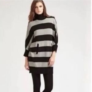 TORY BURCH Grey and Black Stripes Merino Wool Sweater Dress Turtleneck